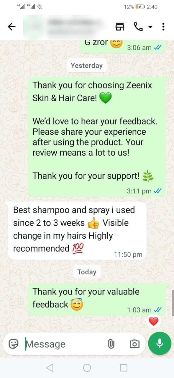 WhatsApp review from a verified customer: “Best shampoo and spray I've used. In 2 to 3 weeks — visible change in my hair. Highly recommended.”