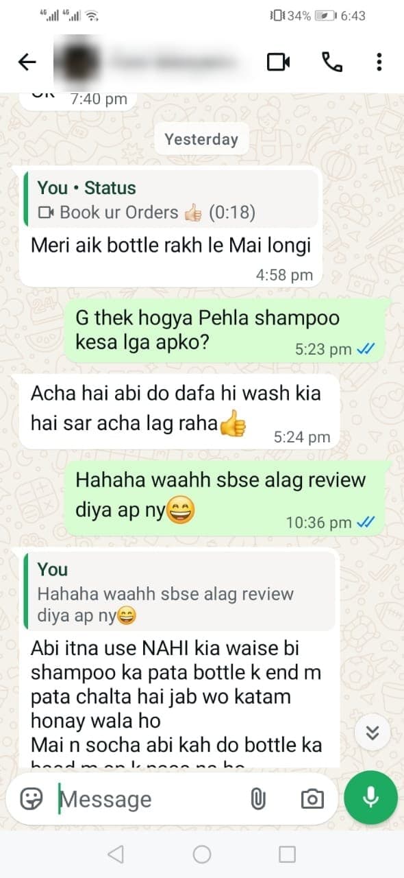 WhatsApp review from a verified customer: “It's good — I've only washed twice and my scalp already feels better.”